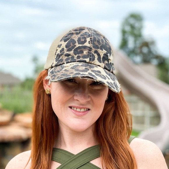 Distressed Leopard with Stretch Mesh High Pony Ball Cap - Picture 3 of 6